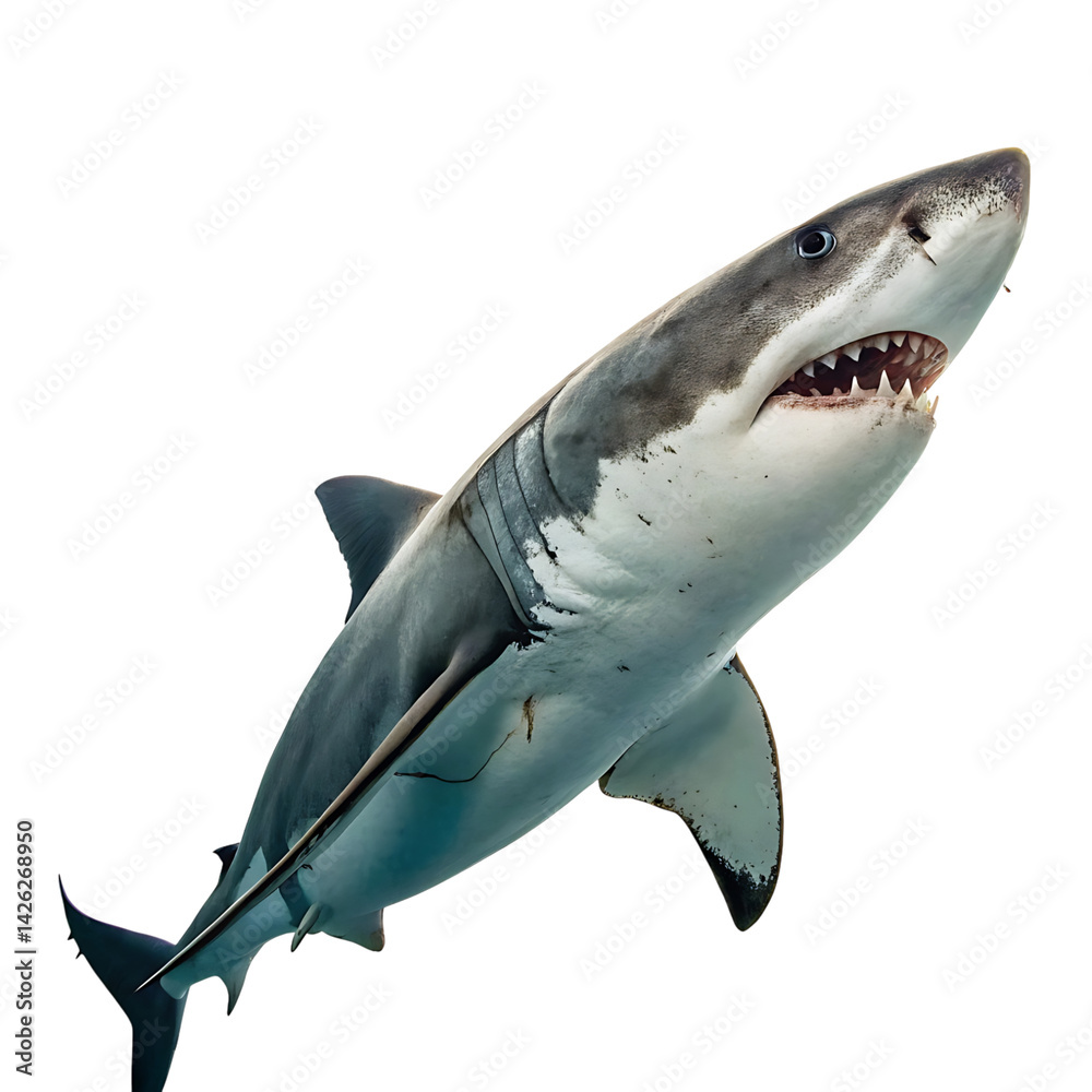 Fototapeta premium shark Fish in transparent background.Majestic Great White Shark Underwater Closeup View Ocean Predator Wildlife