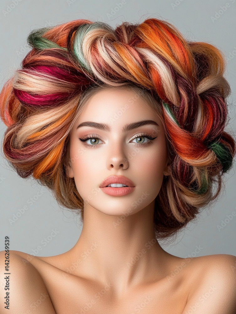 Naklejka premium Beautiful woman with multi-colored hair and creative make up and hairstyle. Beauty face.
