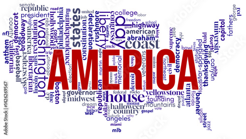 Creative word cloud in the shape of the USA, highlighting American culture, values, and national symbols. Ideal for visuals related to the USA, patriotism, and American identity