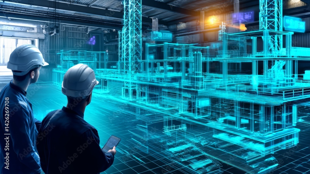 Engineers explore a holographic model of a cutting-edge transport system in a tech facility