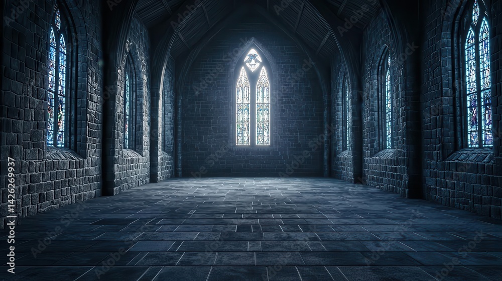 Fototapeta premium Gothic cathedral dungeon with stainedglass windows casting eerie light, towering stone arches, and haunted echoes