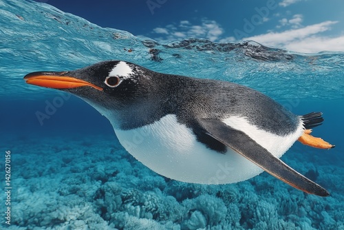 Gentoo penguin swimming gracefully in crystal clear ocean waters near coral reefs during a sunny day
