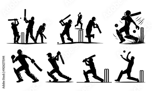 Vector silhouettes of black people in a cricket group are shown as an illustration set