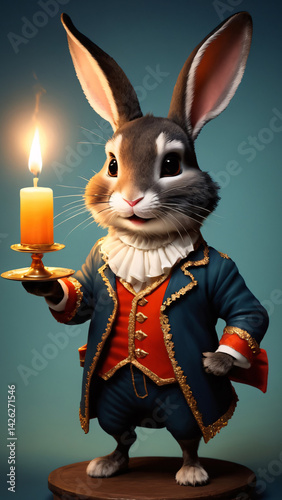 A rabbit dressed in a suit is holding a lit candle in its hands