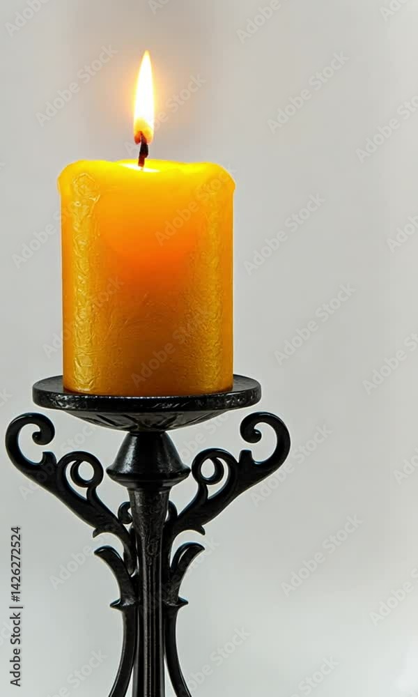 Ornate black candle holder with lit yellow candle.