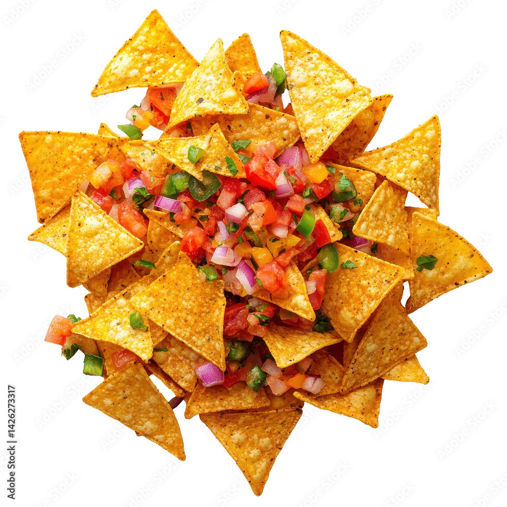 Crispy tortilla chips topped with fresh salsa, a perfect snack for gatherings and parties around the table