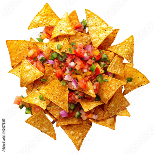 Crispy tortilla chips topped with fresh salsa, a perfect snack for gatherings and parties around the table