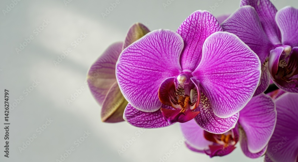 Vibrant purple orchid bloom against soft gray background Vibrant purple orchid bloom against soft gray background