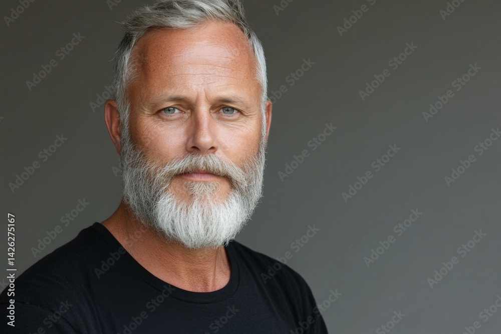 Fototapeta premium Man with gray beard poses confidently against a neutral background in a relaxed atmosphere, showcasing an engaging expression
