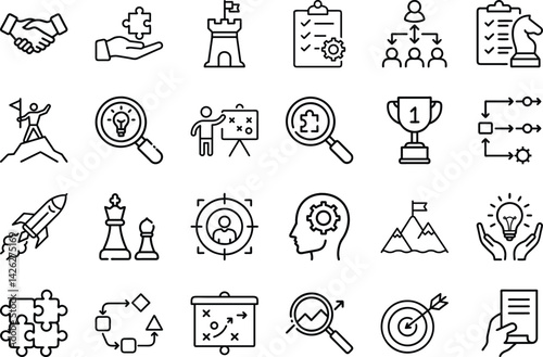 Business Strategy and Leadership Icons Set – Line Art Vector Illustration