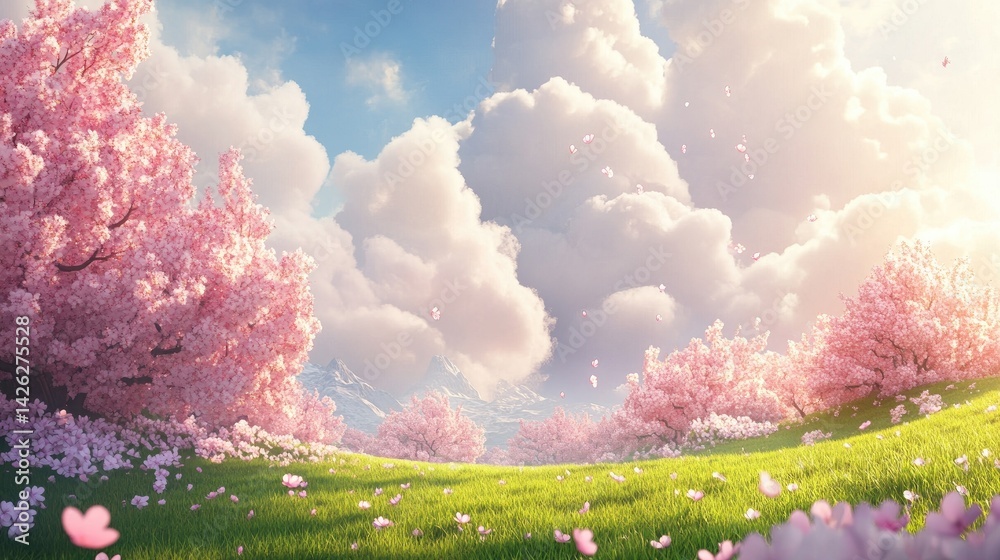 Fototapeta premium A cluster of cherry blossom trees in full bloom with bright green grass beneath and soft clouds above