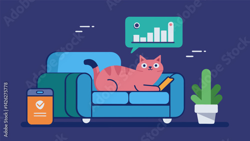 A cat lounging lazily on the couch as the app indicates a decrease in activity levels compared to the previous week.. Vector illustration