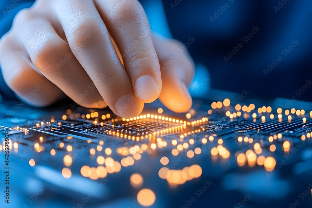 Close-up of a hand delicately interacting with an illuminated circuit board Close-up of a hand delicately interacting with an illuminated circuit board