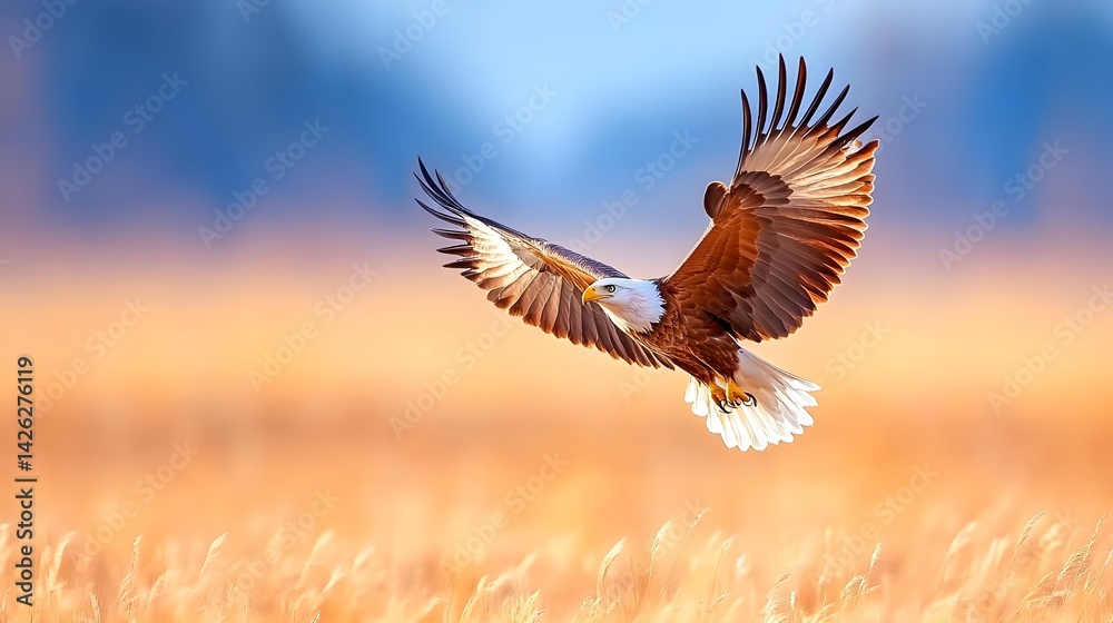 Fototapeta premium Majestic eagle in flight over golden field