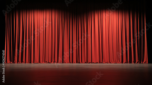 The stage features deep red curtains, tightly drawn, creating an atmosphere of anticipation in a dimly lit auditorium. Soft lighting enhances the ambiance, preparing for a theatrical event