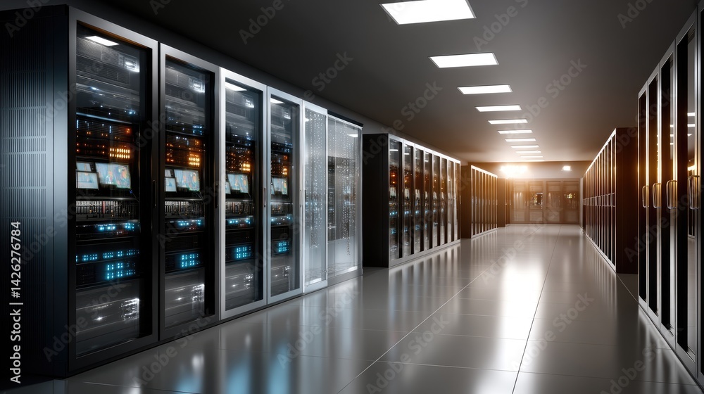 Fototapeta premium Inside a high-tech server room, a glowing data center is illuminated by blue and purple lights amidst a dark, sleek environment