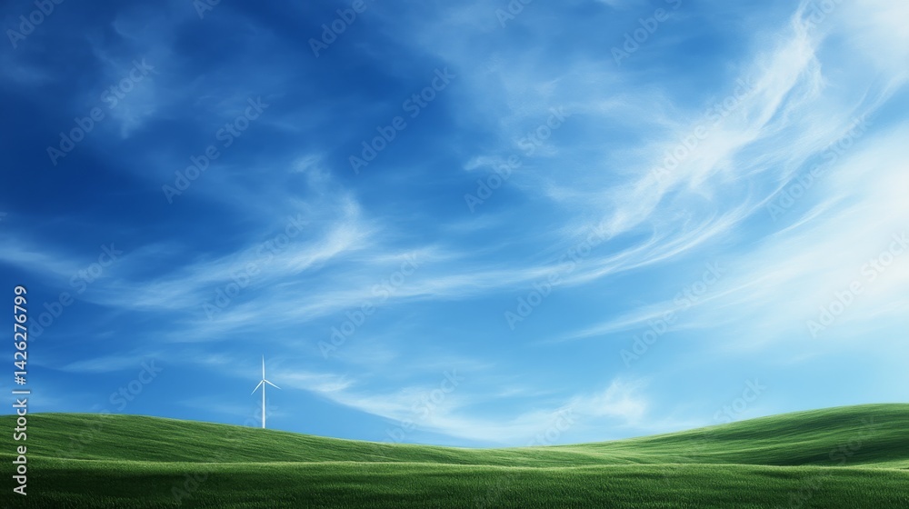 Obraz premium A single wind turbine towers over rolling green fields under a bright blue sky, highlighting the significance of renewable energy in modern agriculture