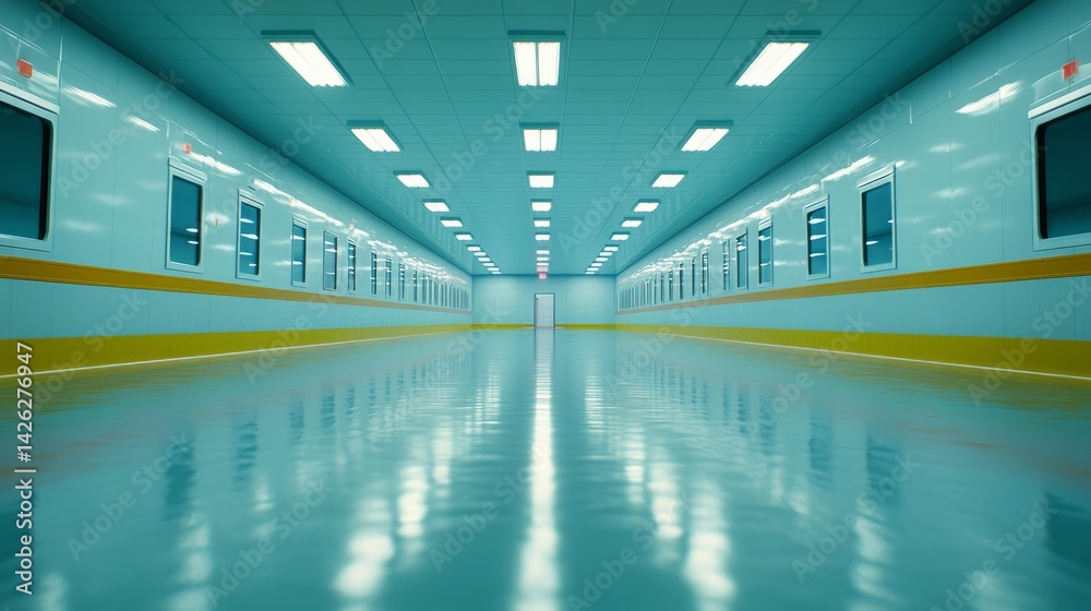 Fototapeta premium Long corridor in a hospital features high gloss floors and luminous overhead lights, drawing attention to the open door at the end. Clean and inviting space