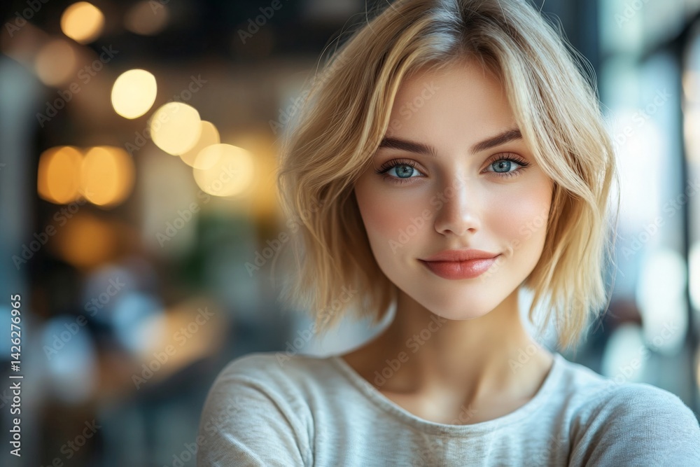 Obraz premium Young woman with charming smile sitting indoors in a cozy cafe with blurred lights in the background