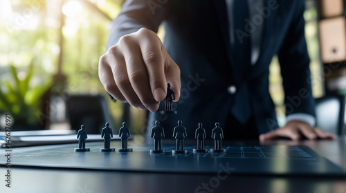 HR professional thoughtfully places small figurines on a desk, mapping the companyâs talent network for future recruitment. Each figurine represents a unique role, highlighting lea