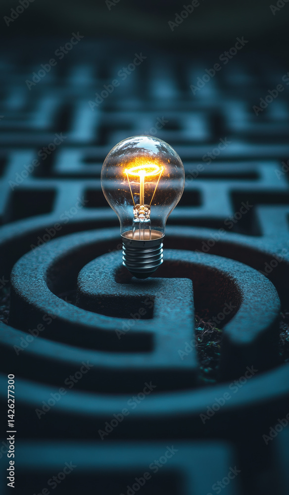 A glowing light bulb stands prominently in the center of a dark maze. The intricate patterns of the maze add depth and mystery to the setting, creating an intriguing visual experience