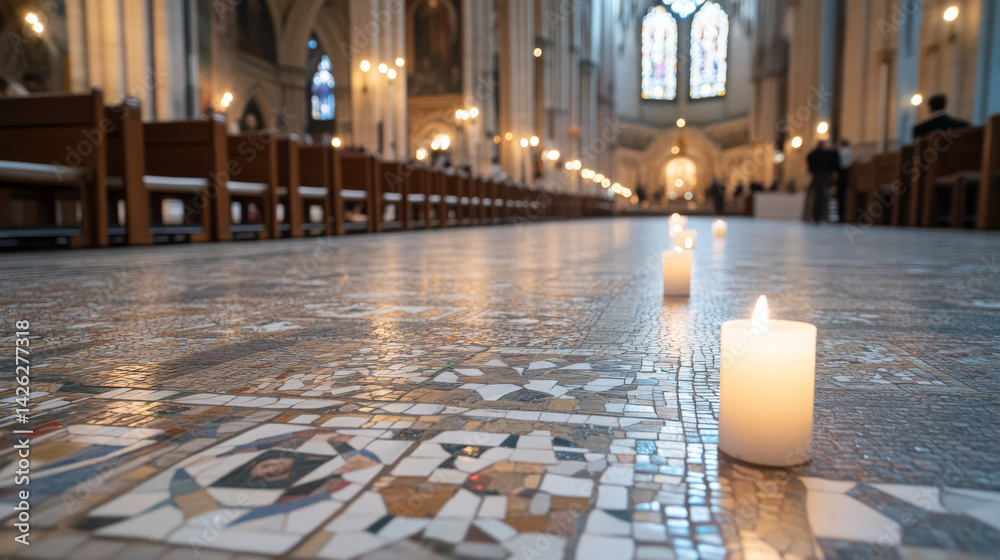 Soft candlelight highlights the intricate mosaic pattern on the floor of an ancient cathedral, where worshippers gather for a peaceful evening service amidst stunning architecture