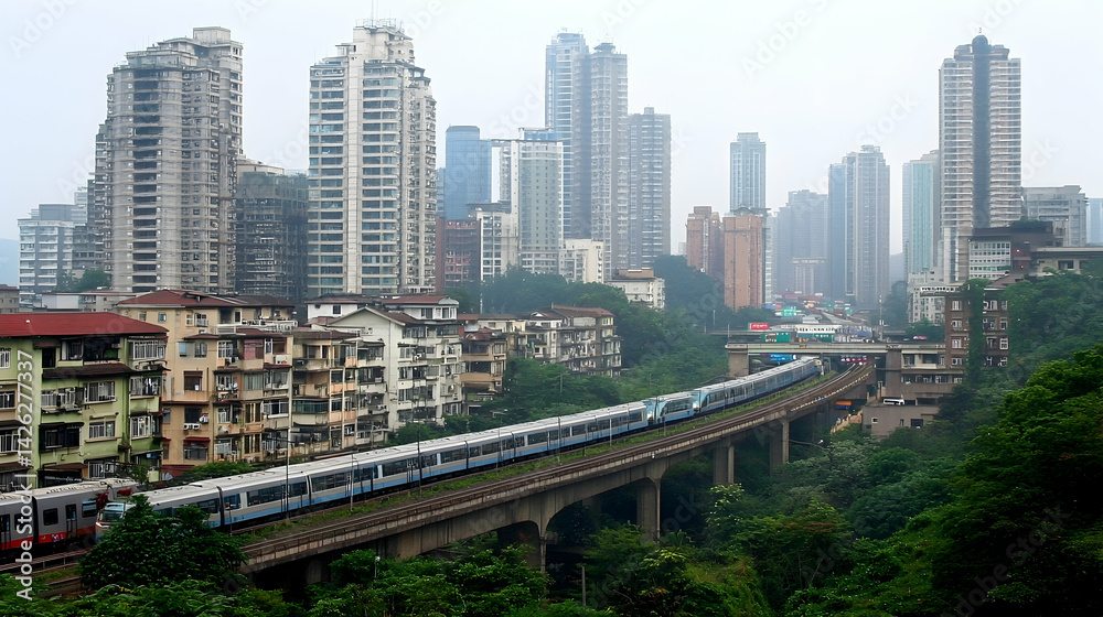 Fototapeta premium City train on elevated track amidst skyscrapers and older buildings, foggy day