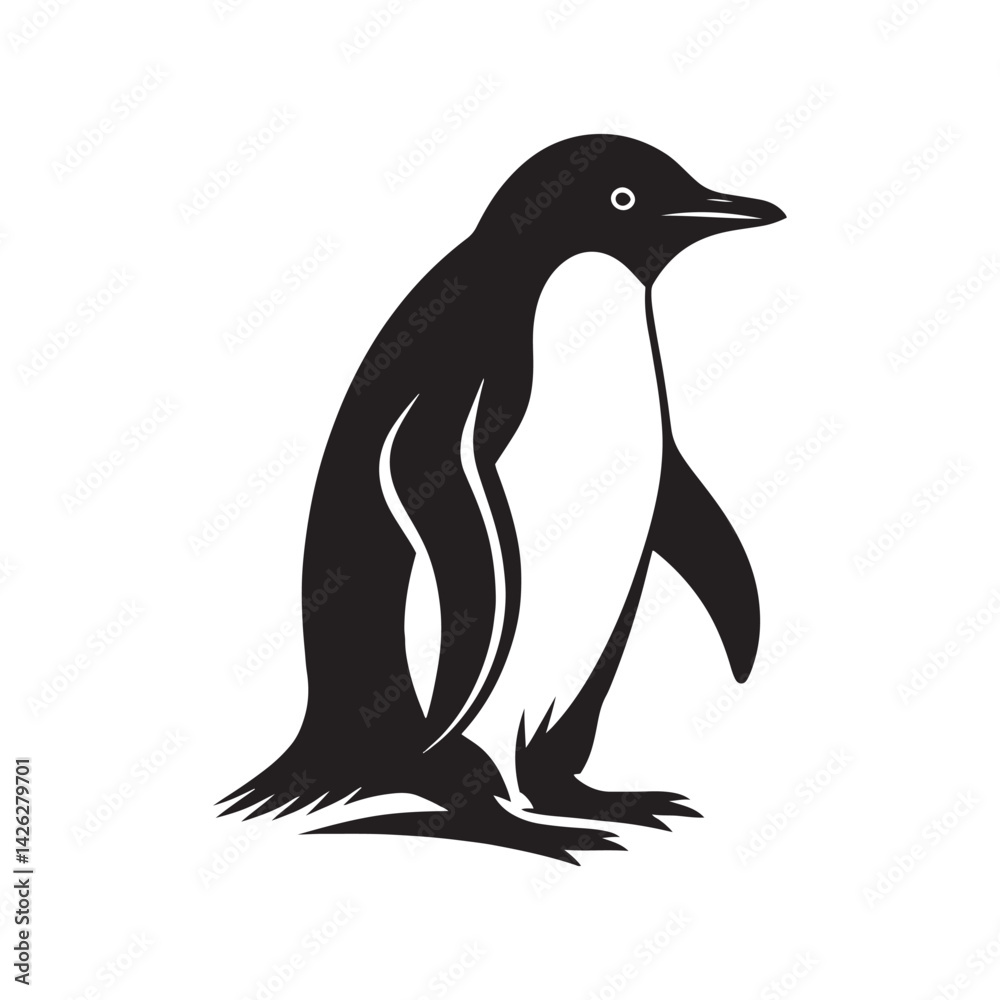 Naklejka premium Elegant Adelie Penguin Silhouette Vector - Minimalist Wildlife Illustration - Perfect for Nature Posters, Educational Materials, Logos, and Art Projects.