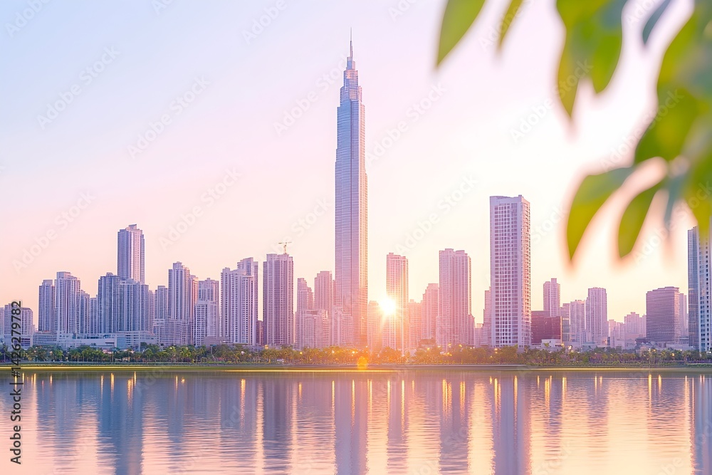 Obraz premium Sunrise cityscape reflected in calm water, modern skyscrapers, soft light
