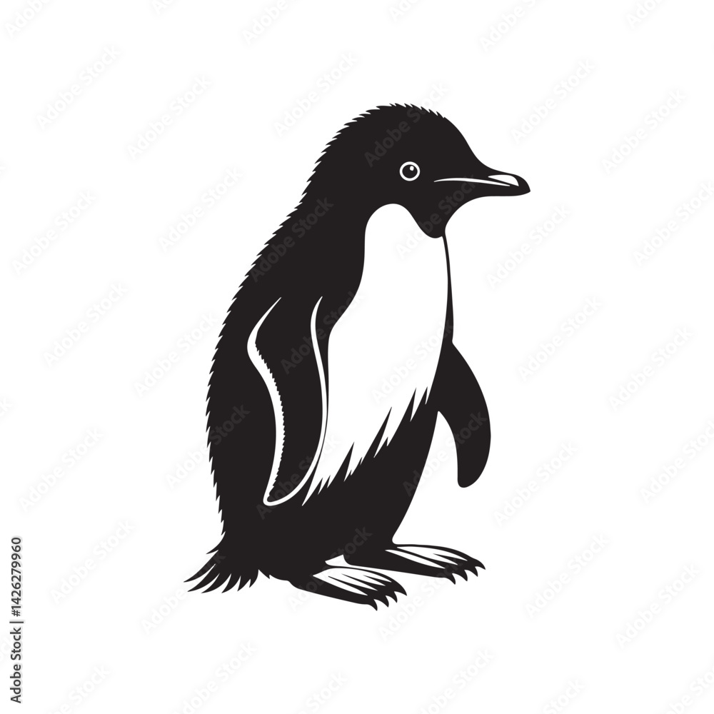 Naklejka premium Elegant Adelie Penguin Silhouette Vector - Minimalist Wildlife Illustration - Perfect for Nature Posters, Educational Materials, Logos, and Art Projects.