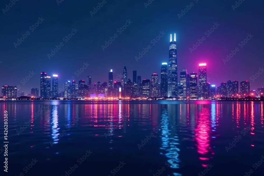 Fototapeta premium High-tech city skyline at night with neon lights reflecting on water, cityscape, technology