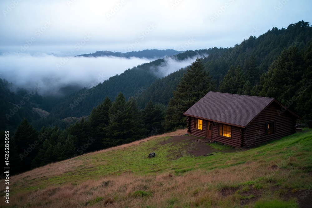 A log cabin with a dark roof stands alone on a misty hillside, enveloped by dense trees and soft fog, creating a serene and tranquil atmosphere A log cabin with a dark roof stands alone on a misty hillside, enveloped by dense trees and soft fog, creating a serene and tranquil atmosphere