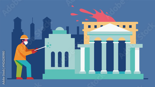 Delicate chemical treatments being used to gently remove graffiti from a historic buildings facade without causing damage.. Vector illustration