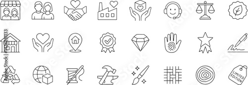 Ethical product line icon set. Vector pictograms of personalized, signature, factory, needle, artisan craft, anvil, paintbrush, thin linear illustration.