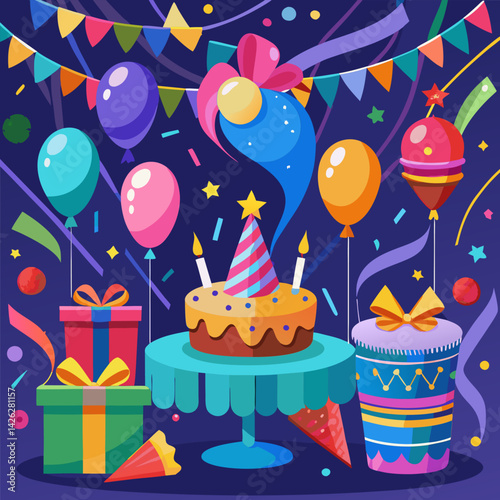 Birthday Party Celebration with Cake. Balloons. and Gifts