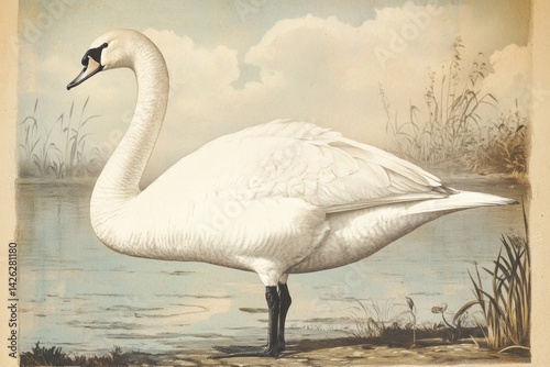 A highly detailed vintage scientific illustration of an swan, in the style , 19th century ornithological print, naturalistic pose, fine feather texture, soft pastel background with wetland scenery, an