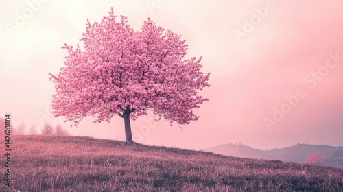 Cherry blossom tree standing alone on a grassy plain with distant hills under a soft pink sky