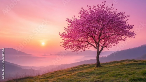 Cherry blossom tree standing alone on a grassy plain with distant hills under a soft pink sky