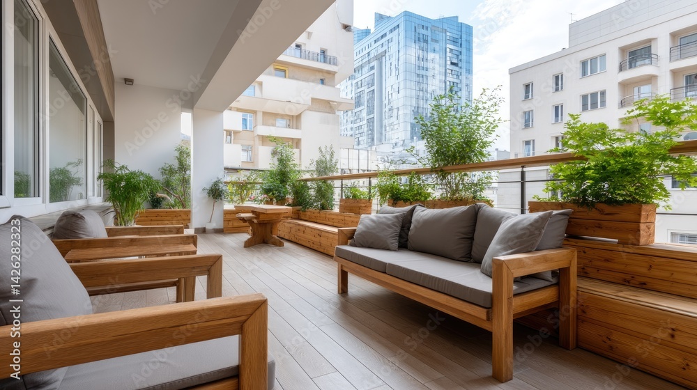 Fototapeta premium Spacious terrace features wooden seating and potted plants against backdrop of contemporary apartment buildings under a blue sky