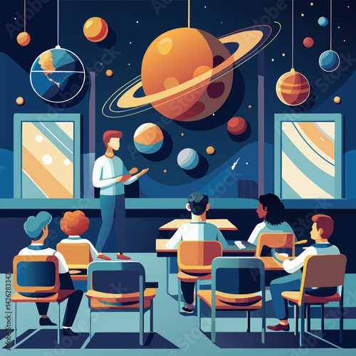 A Teacher Explains the Solar System to Students in a Classroom