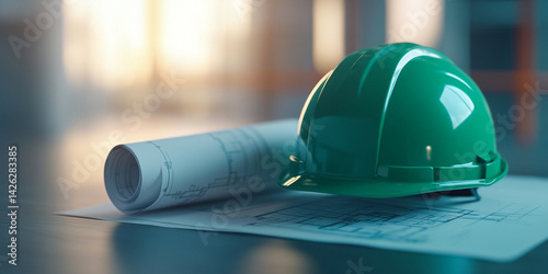 green construction helmet rests on architectural blueprints, symbolizing safety and planning in construction projects. soft lighting enhances focus on helmet and plans