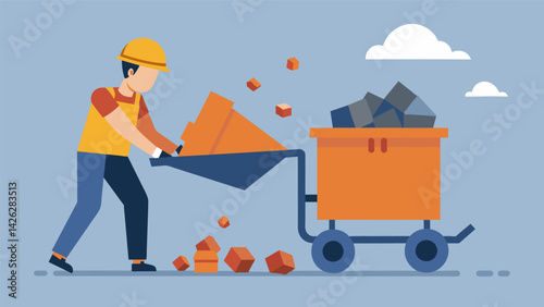 A worker wheeling a large bin filled with broken concrete and brick debris to a grinding machine which will process it into reusable aggregates for. Vector illustration