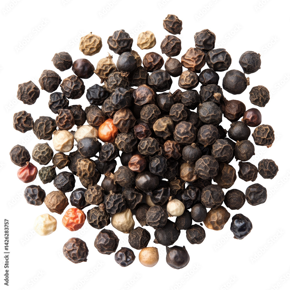 Different varieties of peppercorns arranged together showcasing their unique colors and textures in a natural setting Different varieties of peppercorns arranged together showcasing their unique colors and textures in a natural setting