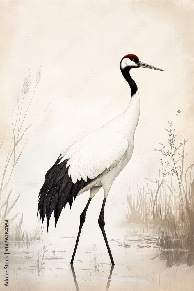 Fototapeta premium A highly detailed vintage scientific illustration of an crane bird, in the style 19th century ornithological print, naturalistic pose, fine feather texture, soft pastel background with wetland scenery