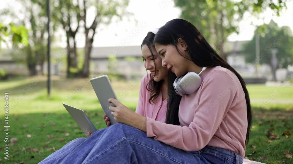 Locked medium shot, Young asian Lesbian Couple sharing loving moment, Enjoying with music through headphone, use laptop and tablet, talking and smile with happy during relaxation at public park Locked medium shot, Young asian Lesbian Couple sharing loving moment, Enjoying with music through headphone, use laptop and tablet, talking and smile with happy during relaxation at public park