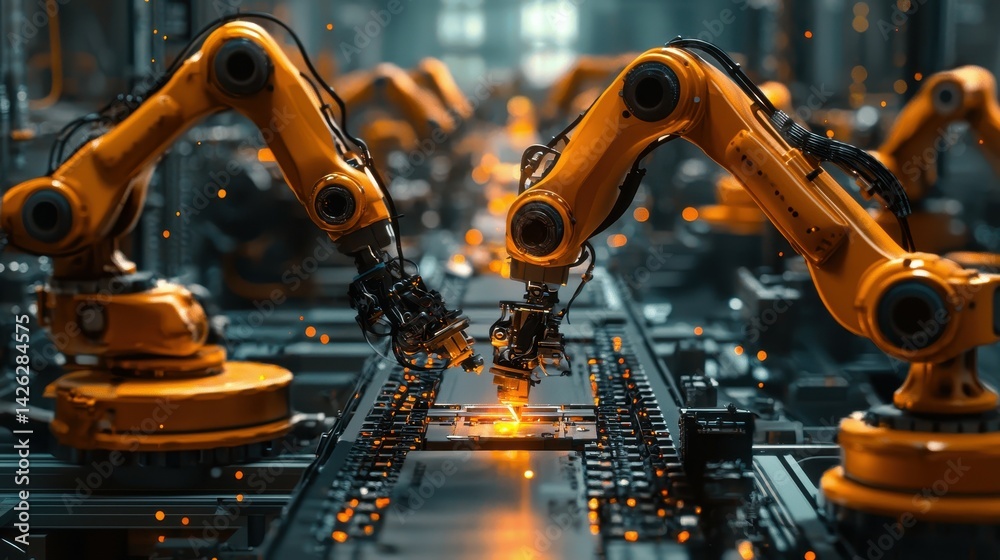 Dynamic robotic arms working on an assembly line in a futuristic factory. Dynamic robotic arms working on an assembly line in a futuristic factory.