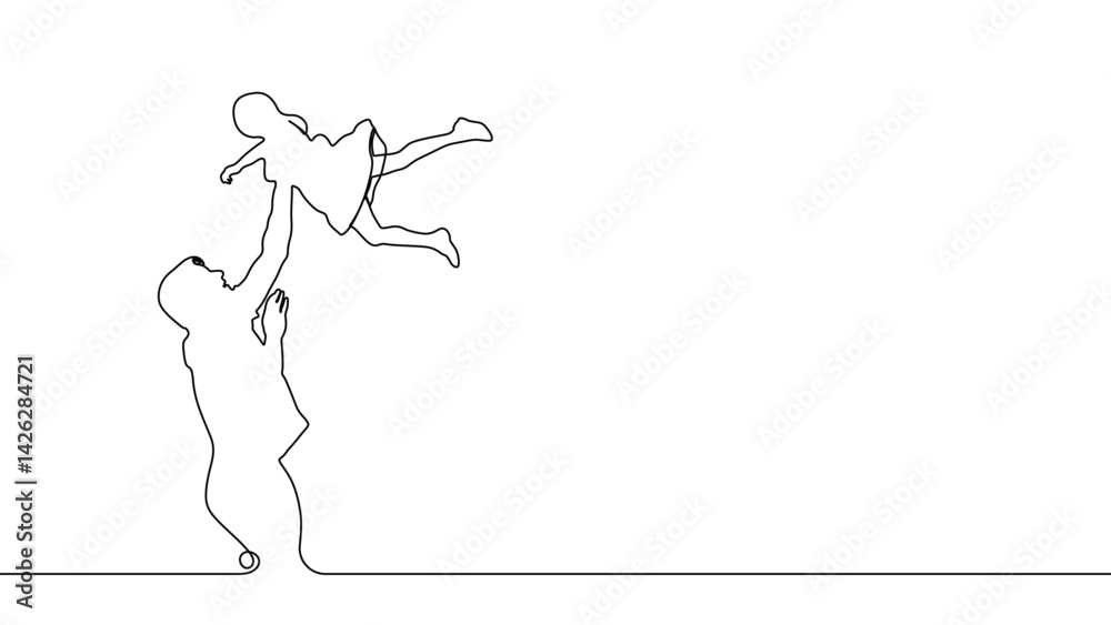 Fototapeta premium Continuous single line drawing of father and daughter line art vector illustration. Father and daughter one line art template. Happy father's day concept line art.
