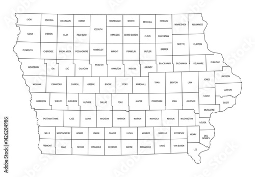 State of Iowa, subdivided into 99 counties, outline map. State in the Midwestern region of the United States, nicknamed The Hawkeye State. Map with county names and borders. Isolated illustration.
