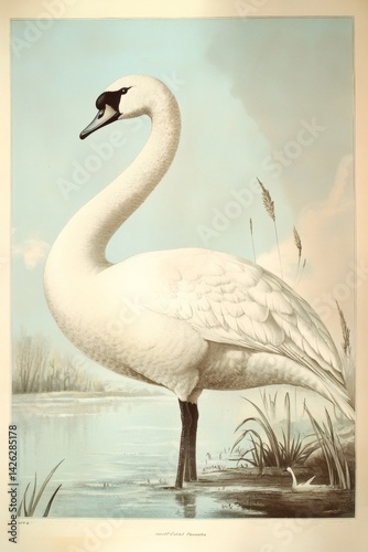 A highly detailed vintage scientific illustration of an swan, in the style of 19th century ornithological print, naturalistic pose, fine feather texture, soft pastel background with wetland scenery, a