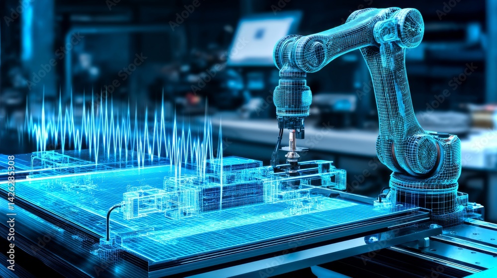 Reinforced-frame robot conducting rotational analysis in a futuristic manufacturing facility